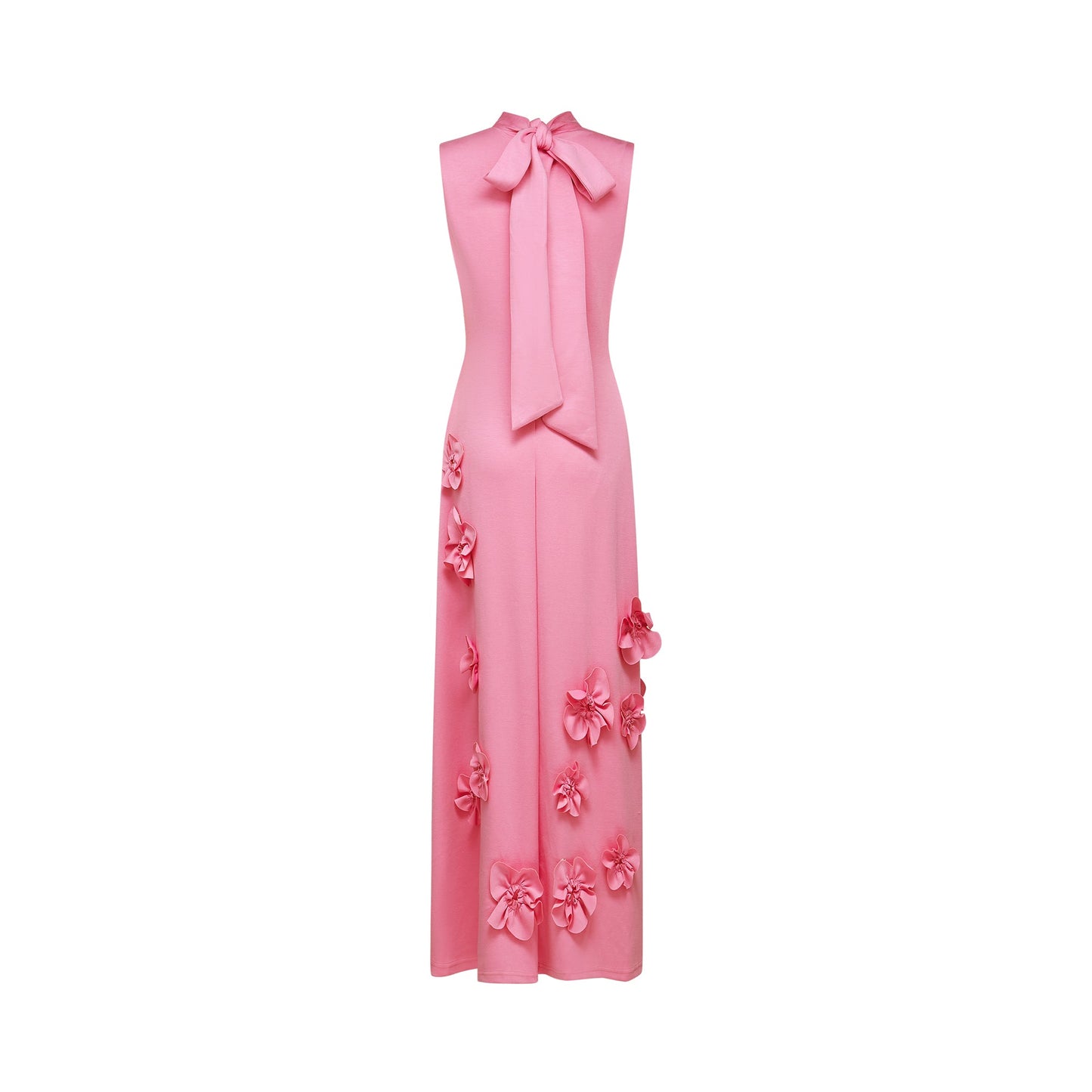 Print Magali Pink Sleeveless Maxi Dress with Faux Flower & Bow-Tie Embellishment