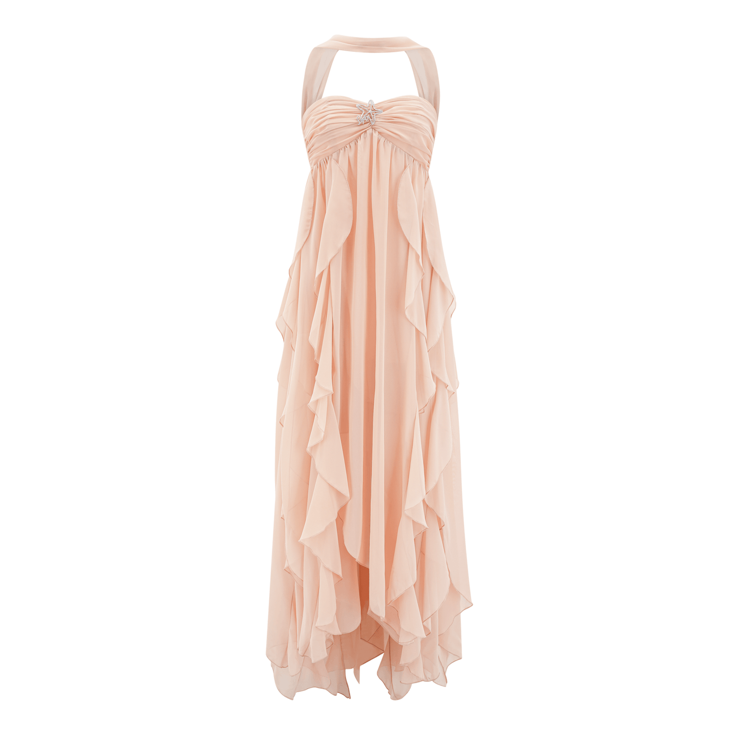 Print Mariah Pink Chiffon Ruffle Halterneck Maxi Dress