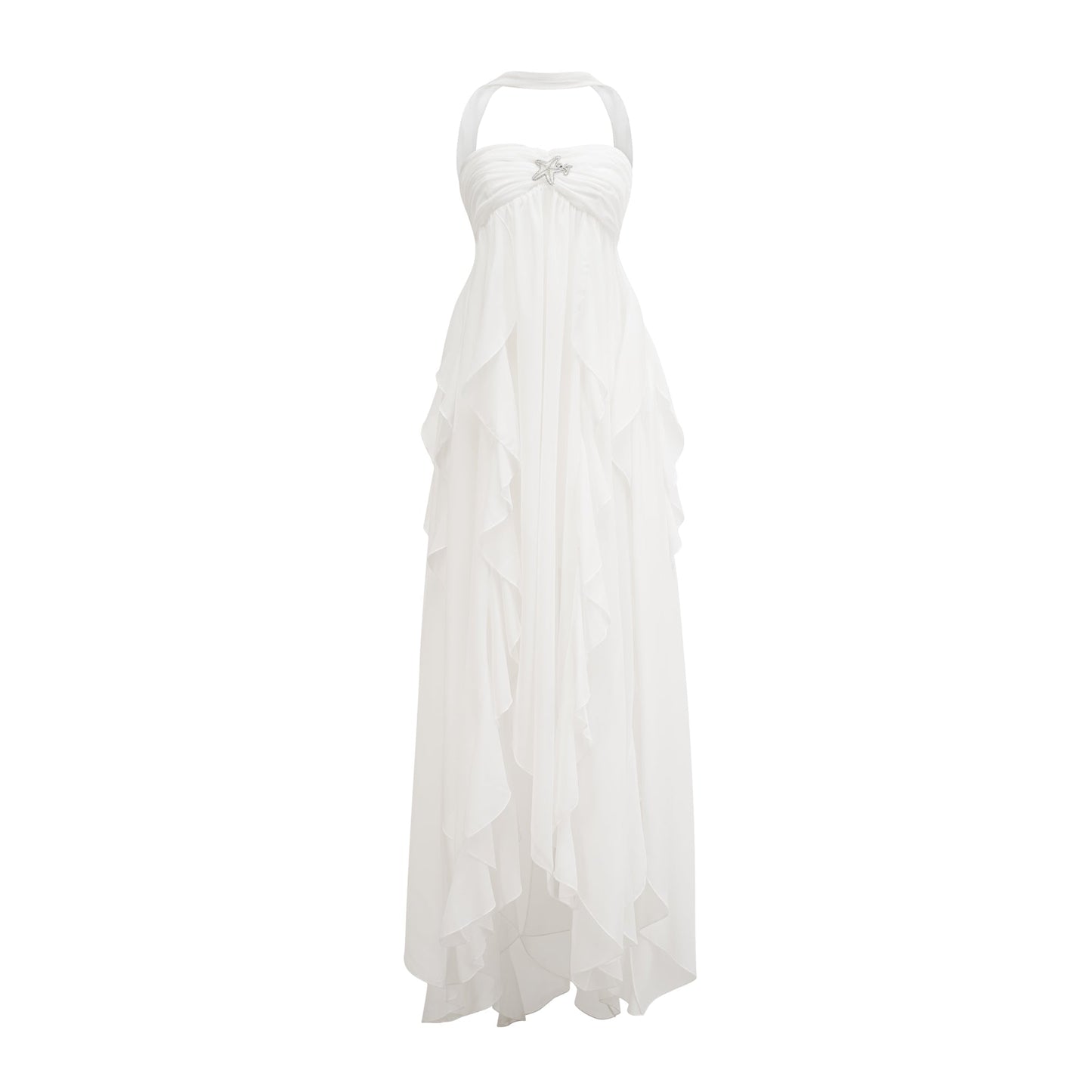 Print Mariah Pink Chiffon Ruffle Halterneck Maxi Dress