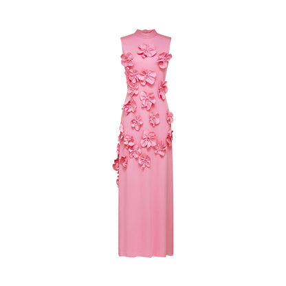 Print Magali Pink Sleeveless Maxi Dress with Faux Flower & Bow-Tie Embellishment