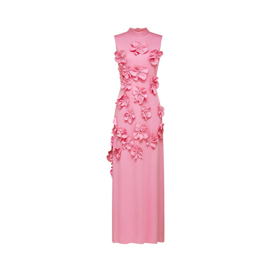 Print Magali Pink Sleeveless Maxi Dress with Faux Flower & Bow-Tie Embellishment