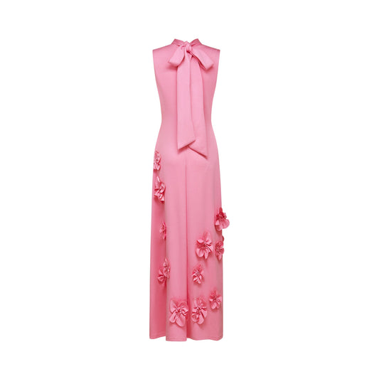Print Magali Pink Sleeveless Maxi Dress with Faux Flower & Bow-Tie Embellishment